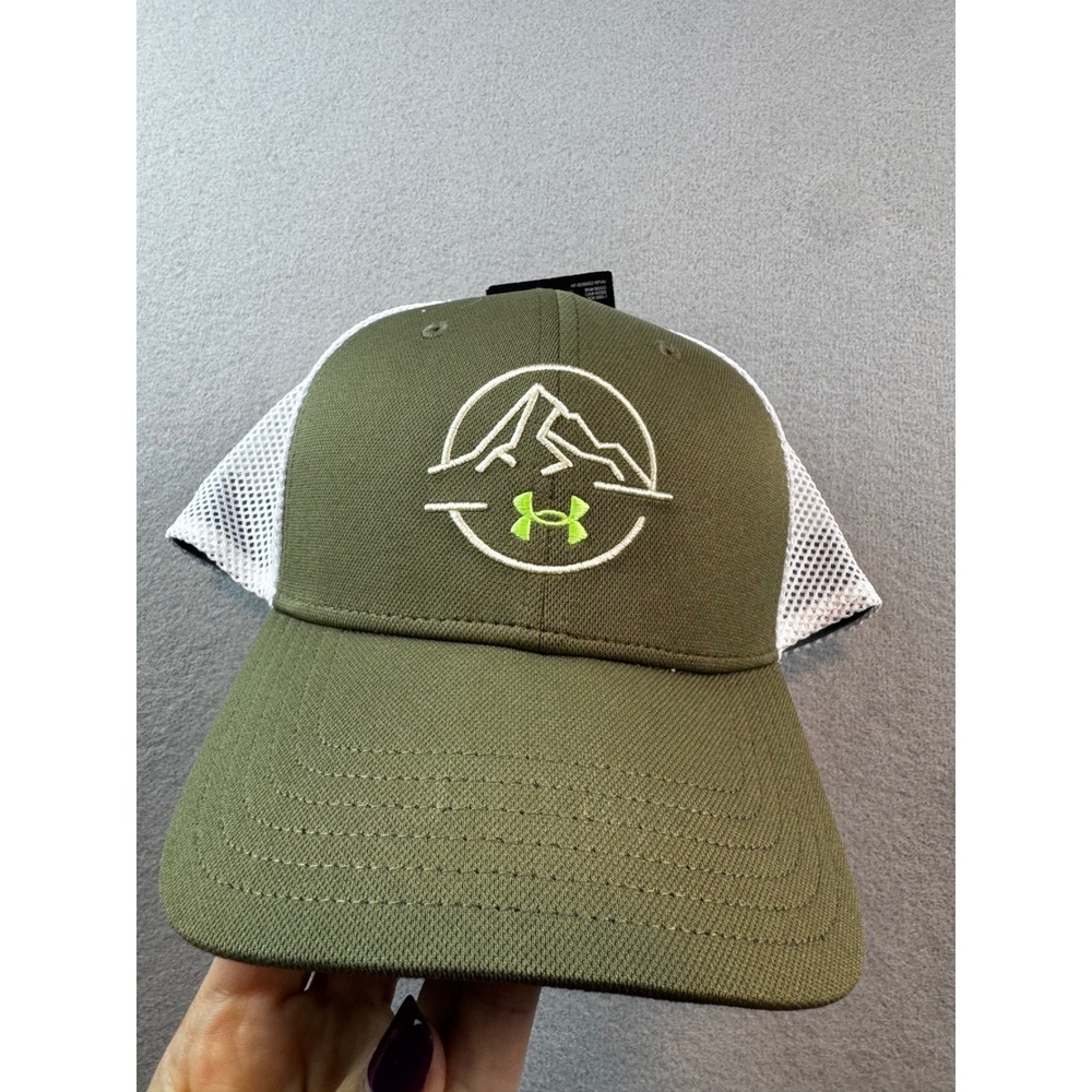 Under Armour Mens Blitzing Trucker Hat Olive Green Mountain Snapback Cap 1369808